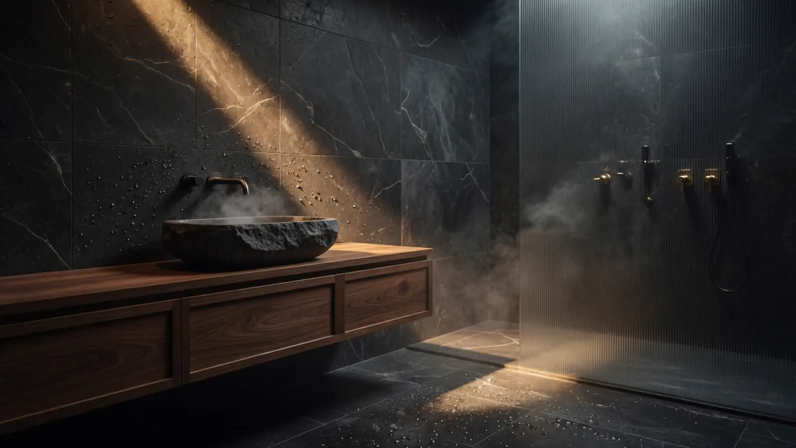 Bad mit Naturstein-Waschtisch und bodengleicher Dusche