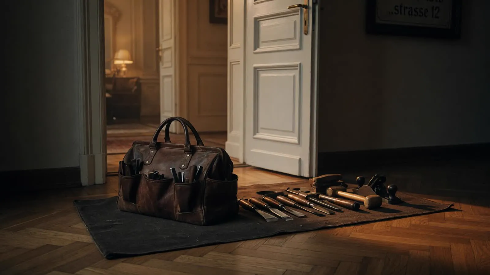 Werkzeugtasche und Schutzmatte im Hausflur
