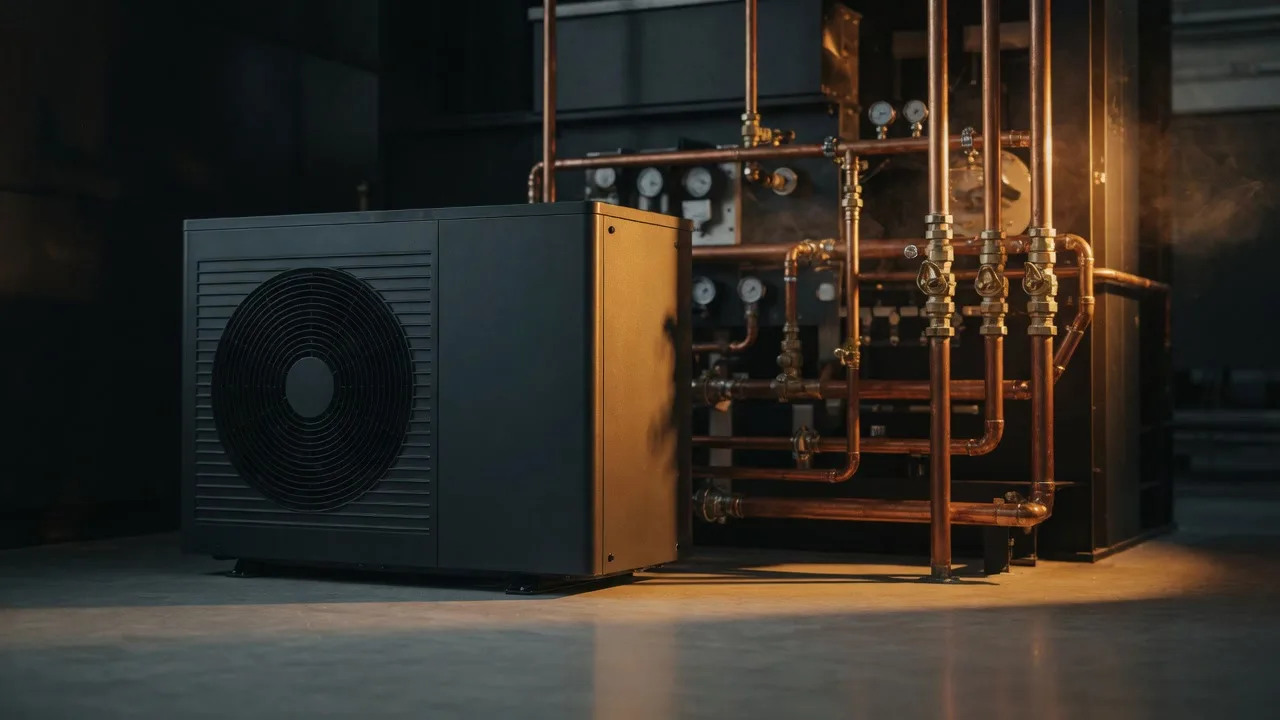 Wärmepumpe mit Kupferleitungen im Technikraum