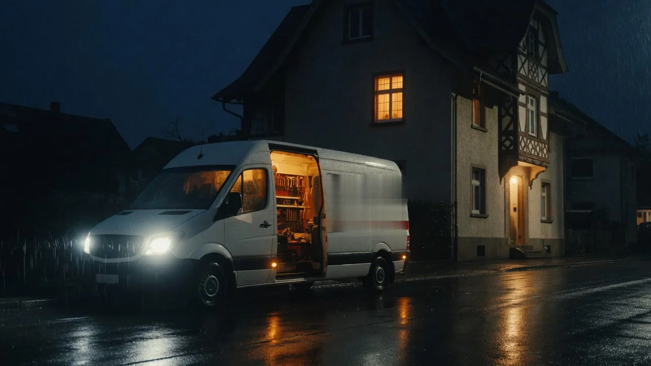 Servicewagen am Abend vor einem Haus
